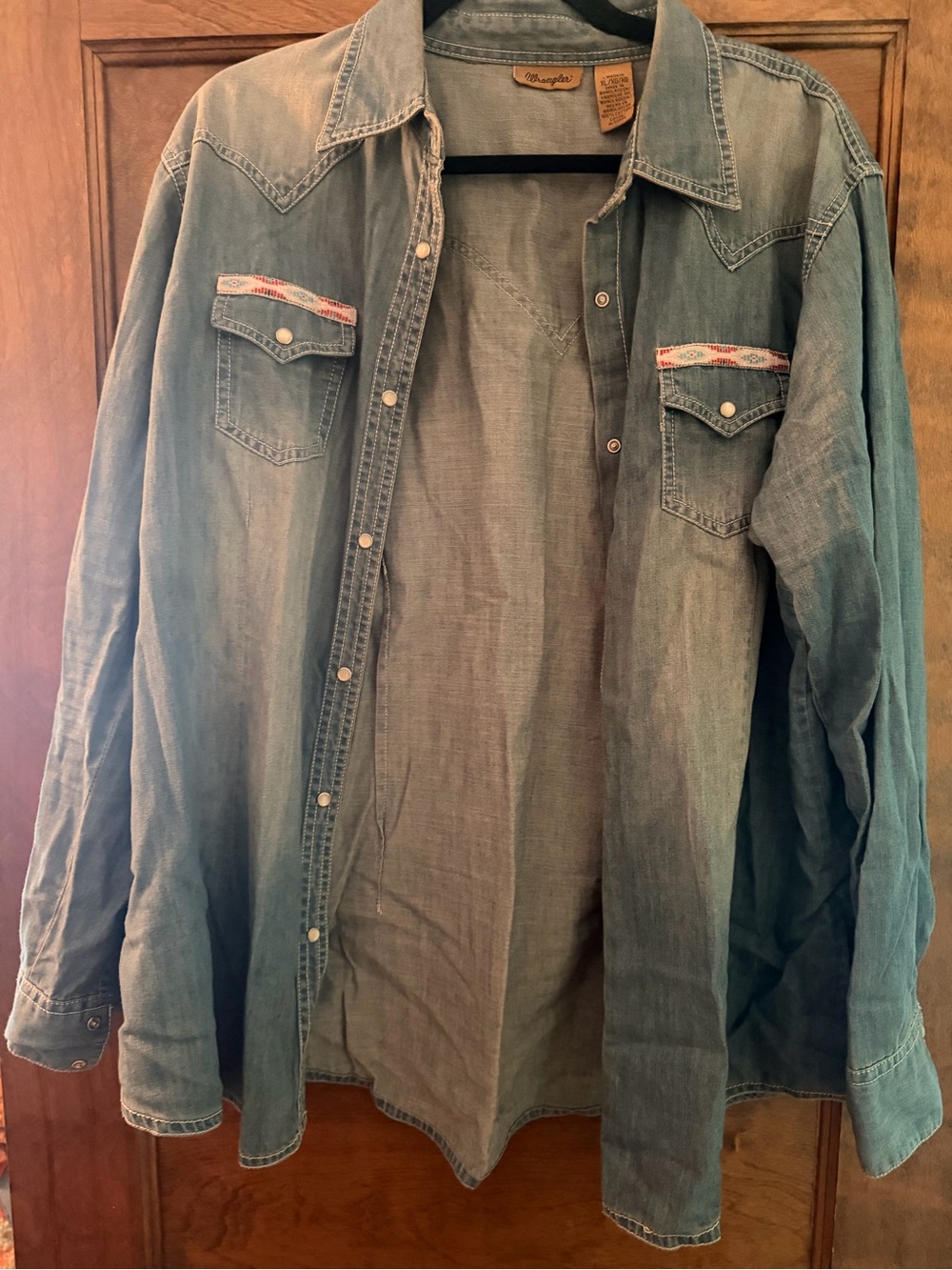 Wrangler Faded Light Blue Denim Western Shirt with Embroidered Pocket Trim